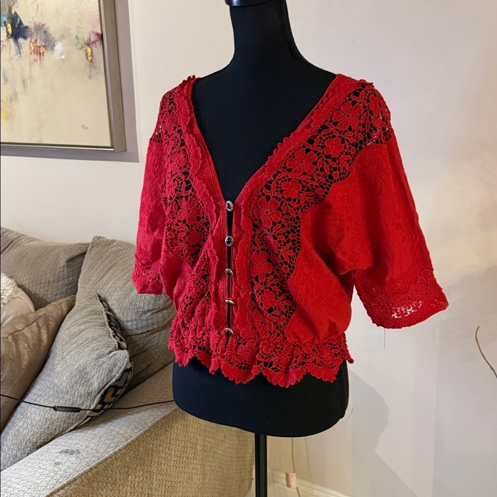 The Kooples Vibrant Red Lace Blouse size 3 - Picture 3 of 6
